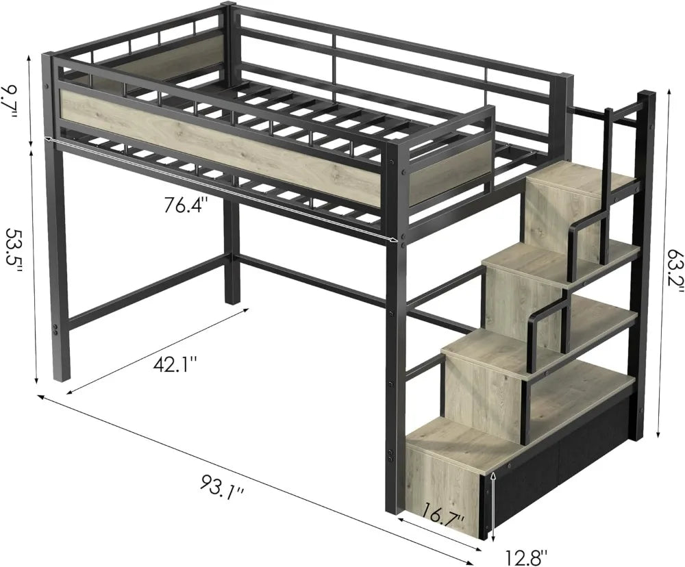 Twin Size Loft Bed with Stairs & Storage - Sturdy Metal Frame, Space Saving Design for Teens & Small Rooms