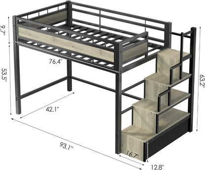 Twin Size Loft Bed with Stairs & Storage - Sturdy Metal Frame, Space Saving Design for Teens & Small Rooms