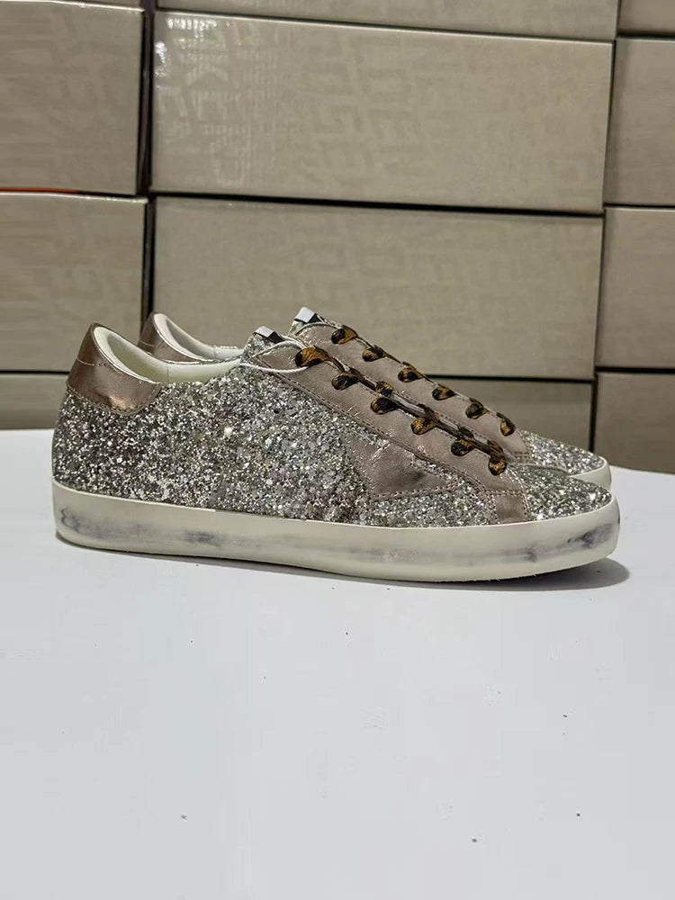 Spring Summer Fashion Casual Low-top Shiny Shoelaces Shoes Women's Round Toe Patchwork Diamond Heel Flat Bottom Sports Shoes