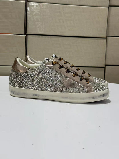 Spring Summer Fashion Casual Low-top Shiny Shoelaces Shoes Women's Round Toe Patchwork Diamond Heel Flat Bottom Sports Shoes