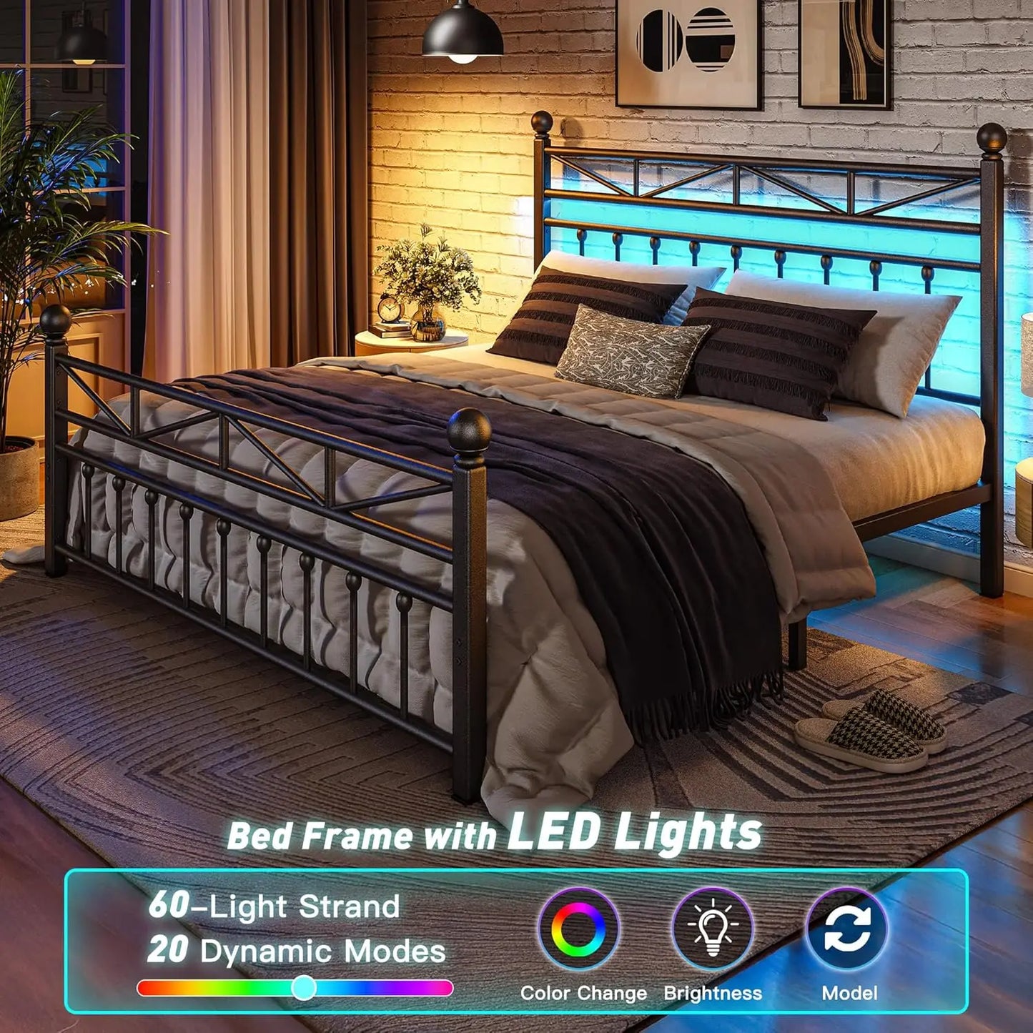 54" King Metal Bed Frame with LED Lights, Tall Headboard, Under Bed Storage, Noise-Free Design - No Box Spring Needed