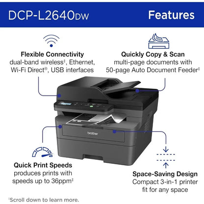 DCP-L2640DW Wireless Compact Monochrome Multi-Function Laser Printer with Copy and Scan, Duplex, Mobile