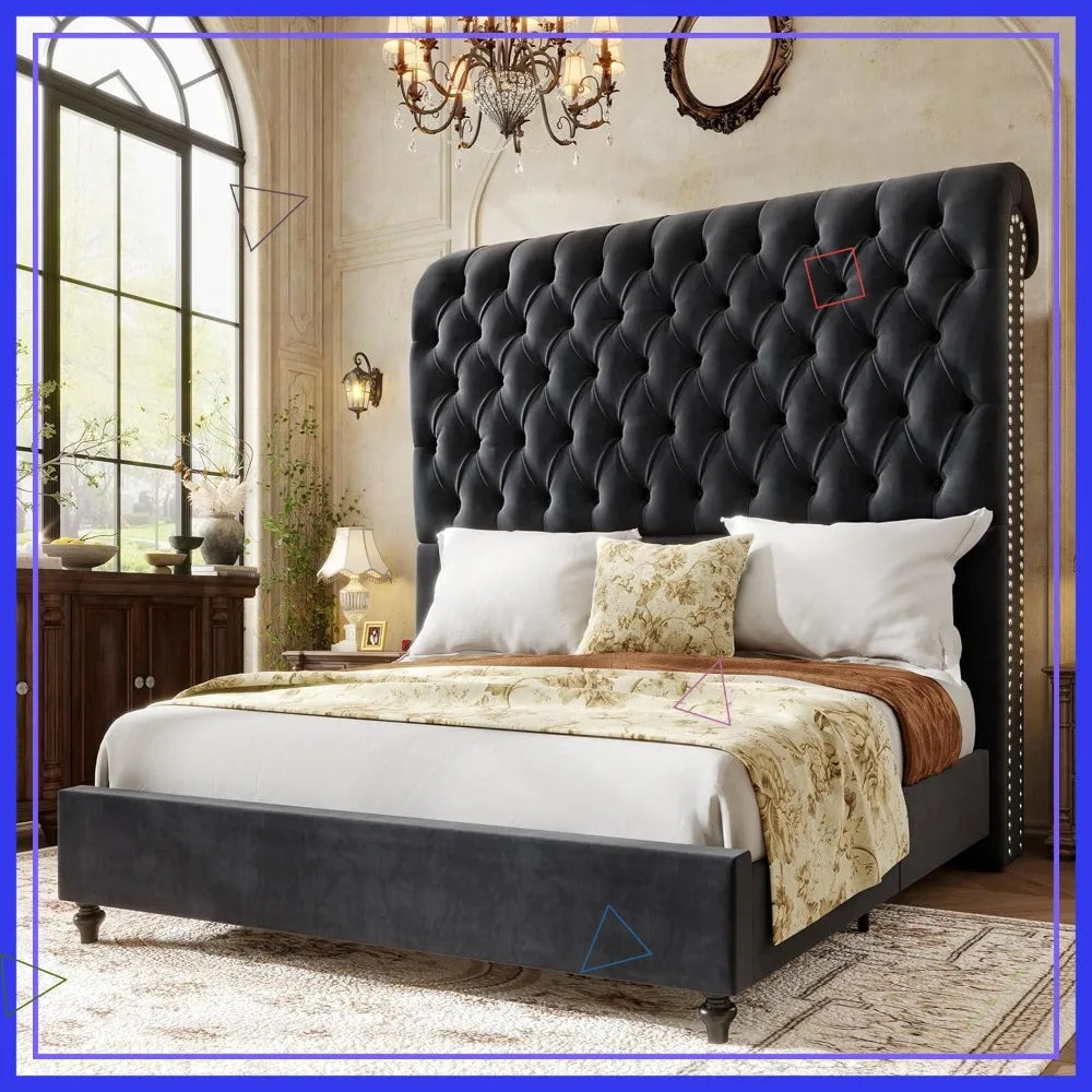 Queen Size Velvet Upholstered Bed Frame with Tall Headboard, Noise-Free, No Box Spring Needed, Black