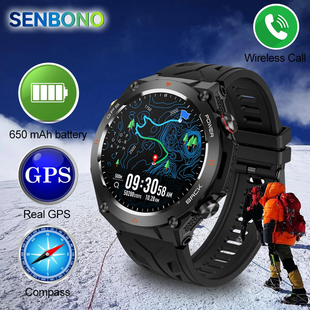 SENBONO New GPS Smart Watch 1.45” HD  Display Built-in GPS Bluetooth Phone Call 1ATM Waterpro Military Sports Smartwatch for Men