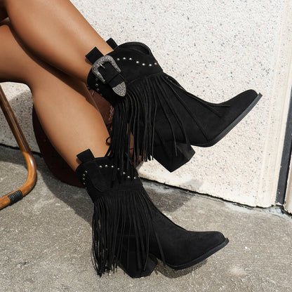 Women's fashion tassel rivet mid western cowboy boots music festival vacation