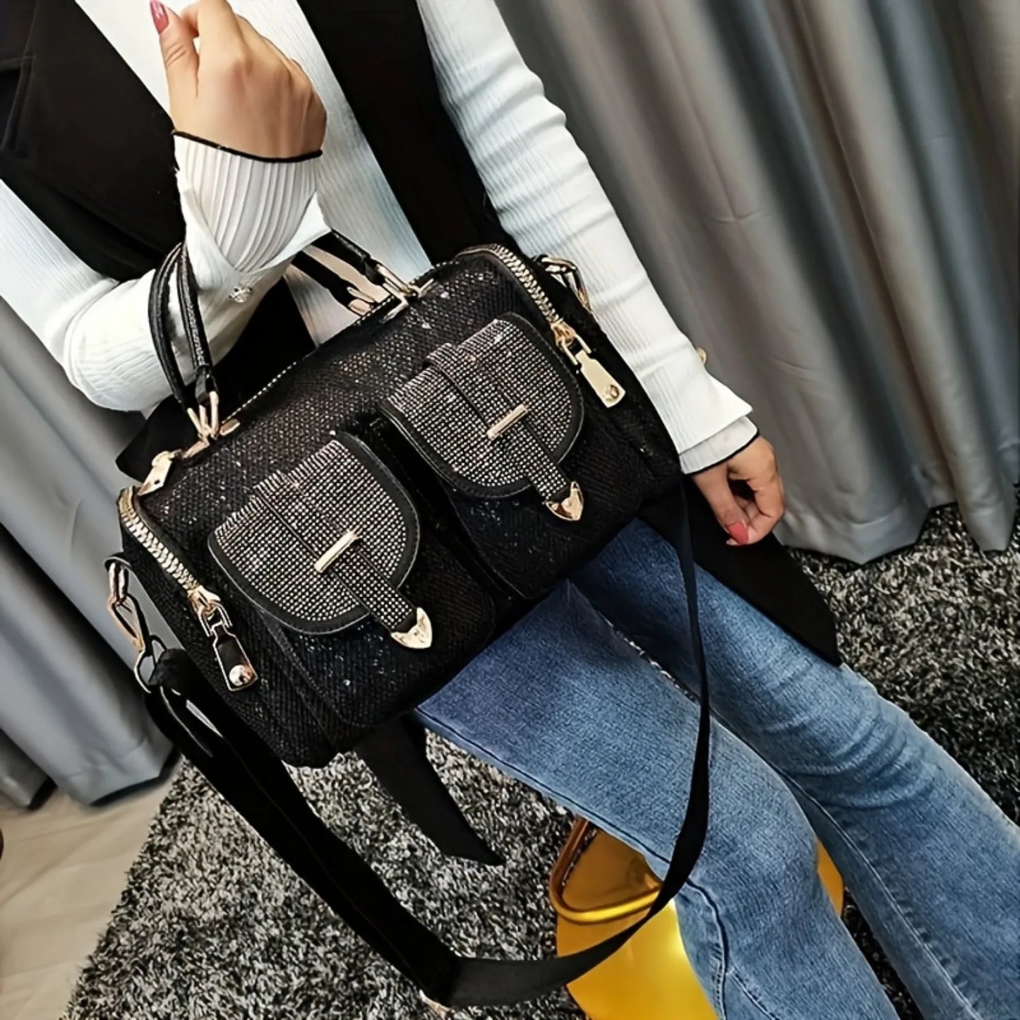 2025 New elegant women's rhinestone sequin handbag, large capacity casual shoulder and crossbody bag, women's casual handbag