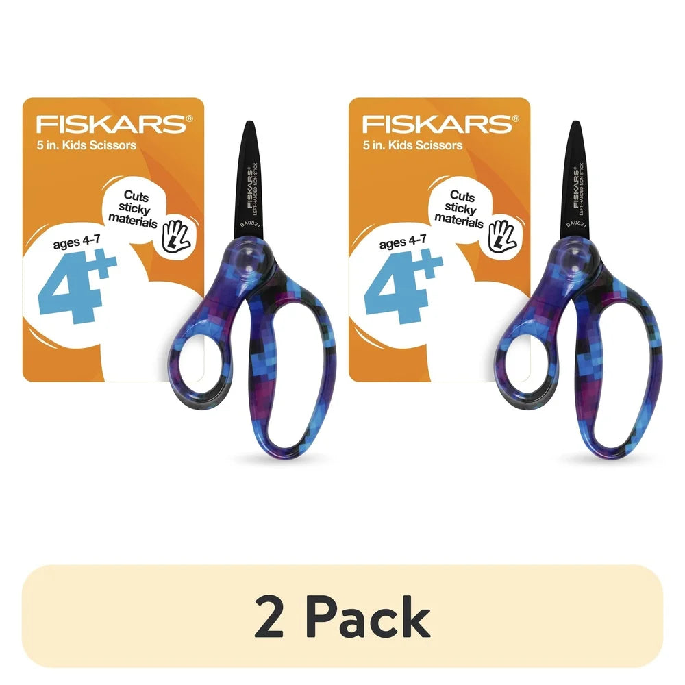 2 Pack Left-Handed Kids Scissors 5 Inch Non-Stick Pointed Tip Ergonomic Design Classroom Crafting Safe Cutting