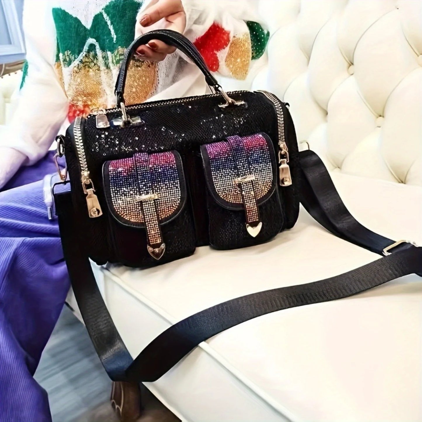 2025 New elegant women's rhinestone sequin handbag, large capacity casual shoulder and crossbody bag, women's casual handbag