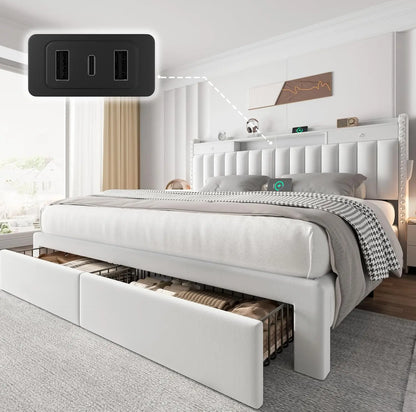 Bed Frame with 4 Storage Drawers, Upholstered Platform  Bed Frame and Headboard, 3 USB & Type-C, Customized