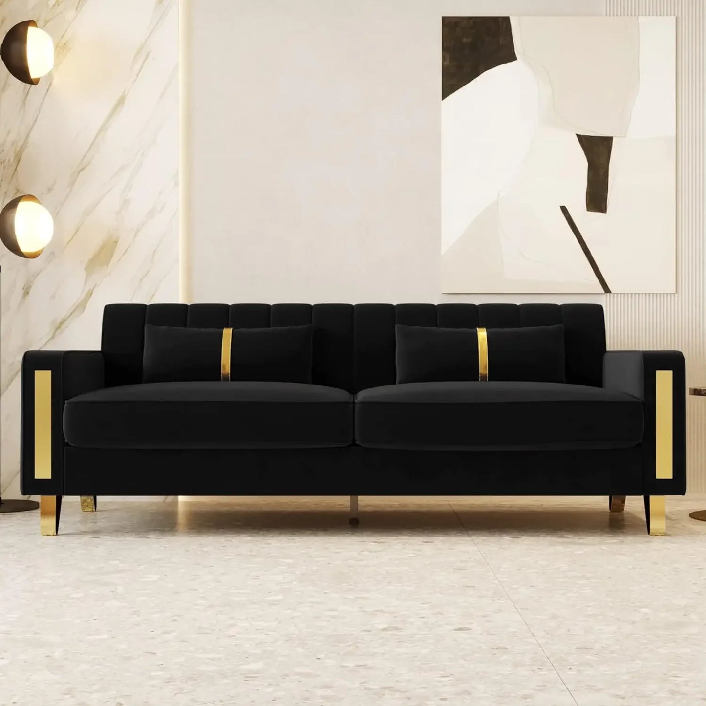 Black Chesterfield Velvet Couch for Living Room,3 Seater Tufted Sofa with Gold Metal Legs, Large Upholstered Comfy, Customized