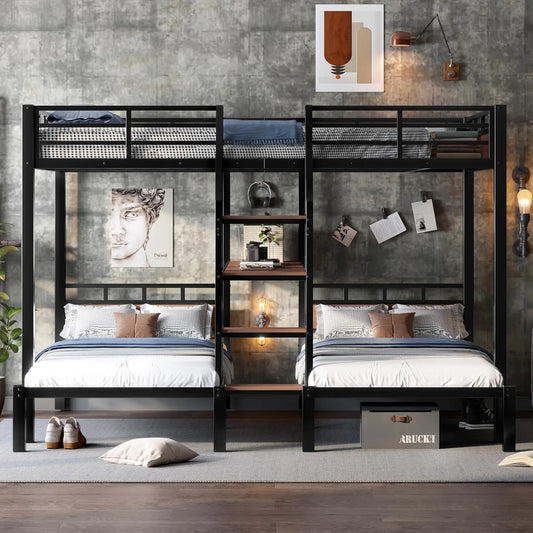 Queen Over Twin Over Twin Metal BunkBed with Storage Stairs and Shelves, 3-in-1 Triple Bunk Bed with Headboard, Space Saving, fo
