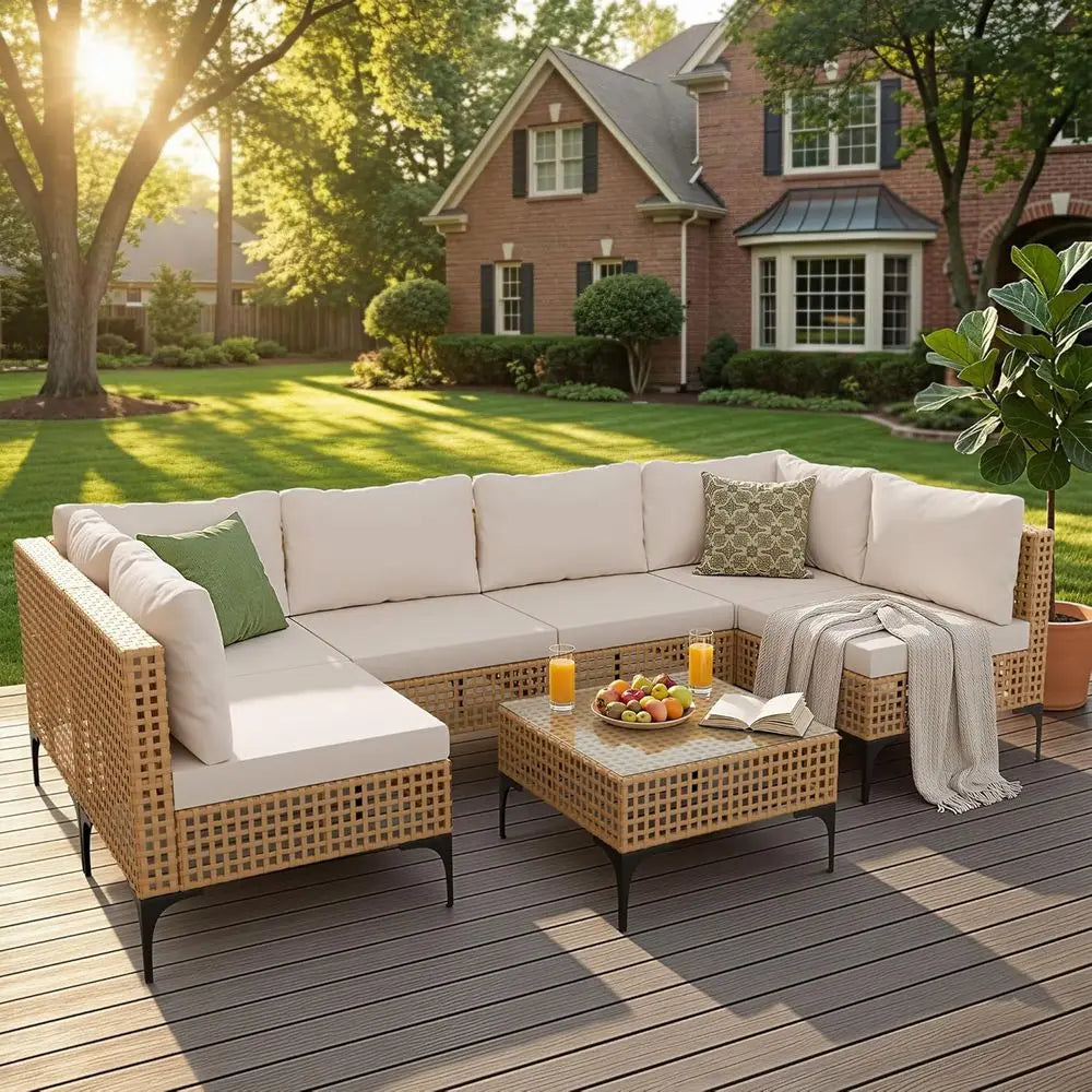 7-Piece Outdoor Sectional Sofa Set with Rattan Seating, Coffee Table, and Ottoman for Patio, Deck, or Poolside
