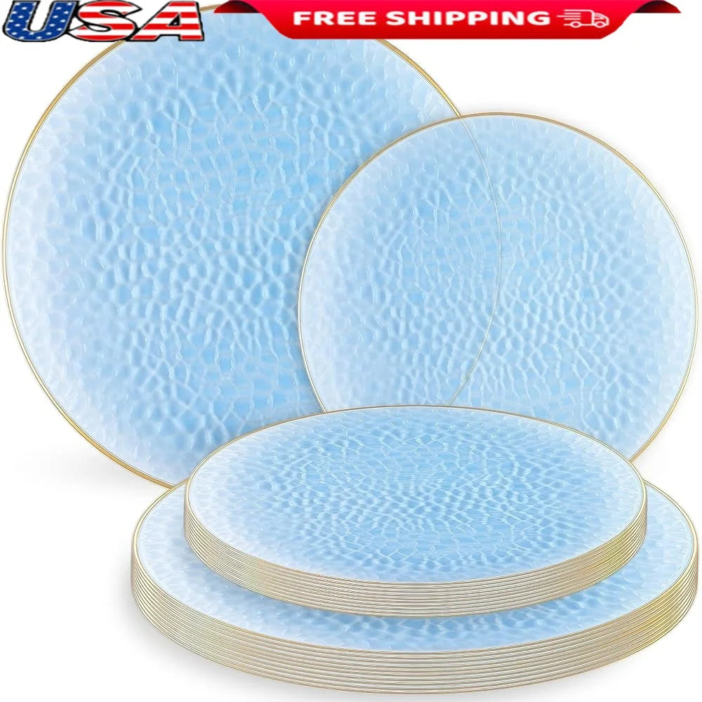 Organic Hammered Dusty Blue Disposable Plates 32 Count 7 Inch 10 Inch Combo Elegant Tableware Party Supplies Eco-Friendly