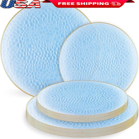 Organic Hammered Dusty Blue Disposable Plates 32 Count 7 Inch 10 Inch Combo Elegant Tableware Party Supplies Eco-Friendly