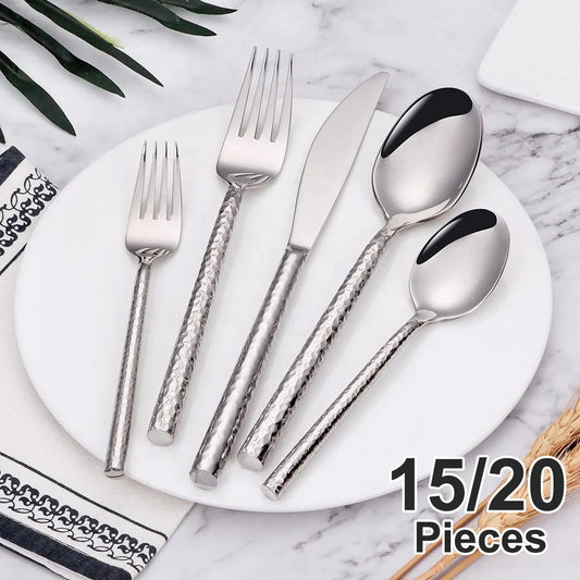 5/10/15/20Pcs Gold Heavy Cutlery Sliver Dinner Set Stainless Steel Tableware Mirror Western Hammer Pattern Handle Knife Fork