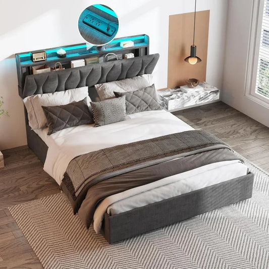 Queen Lift Up Storage Bed Frame, Height Adjustable Storage Headboard with Charging Station, LED Lights Upholstered Platform Bed