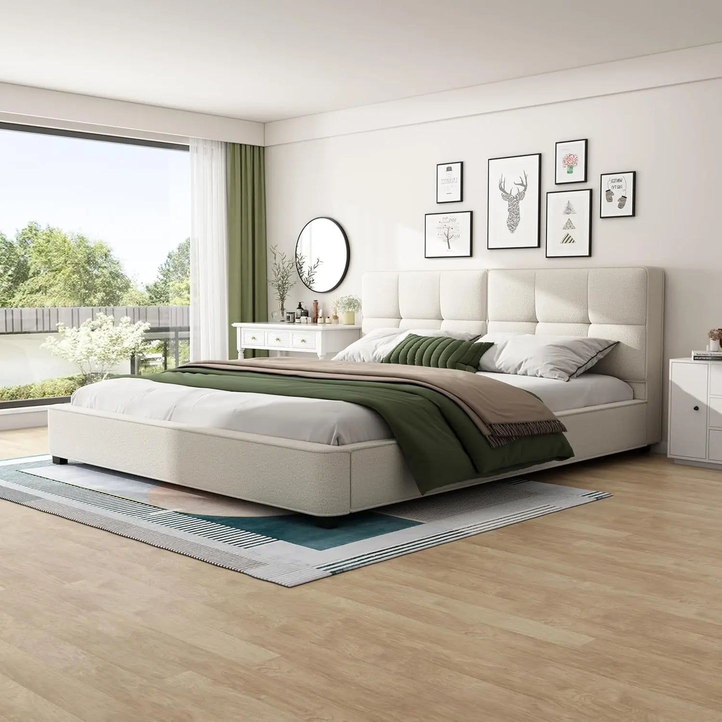 King Size Velvet Bed Frame with Curved Tufted Headboard, Wooden Platform Bed Frame with Soft Square Corners, Heavy, Customized