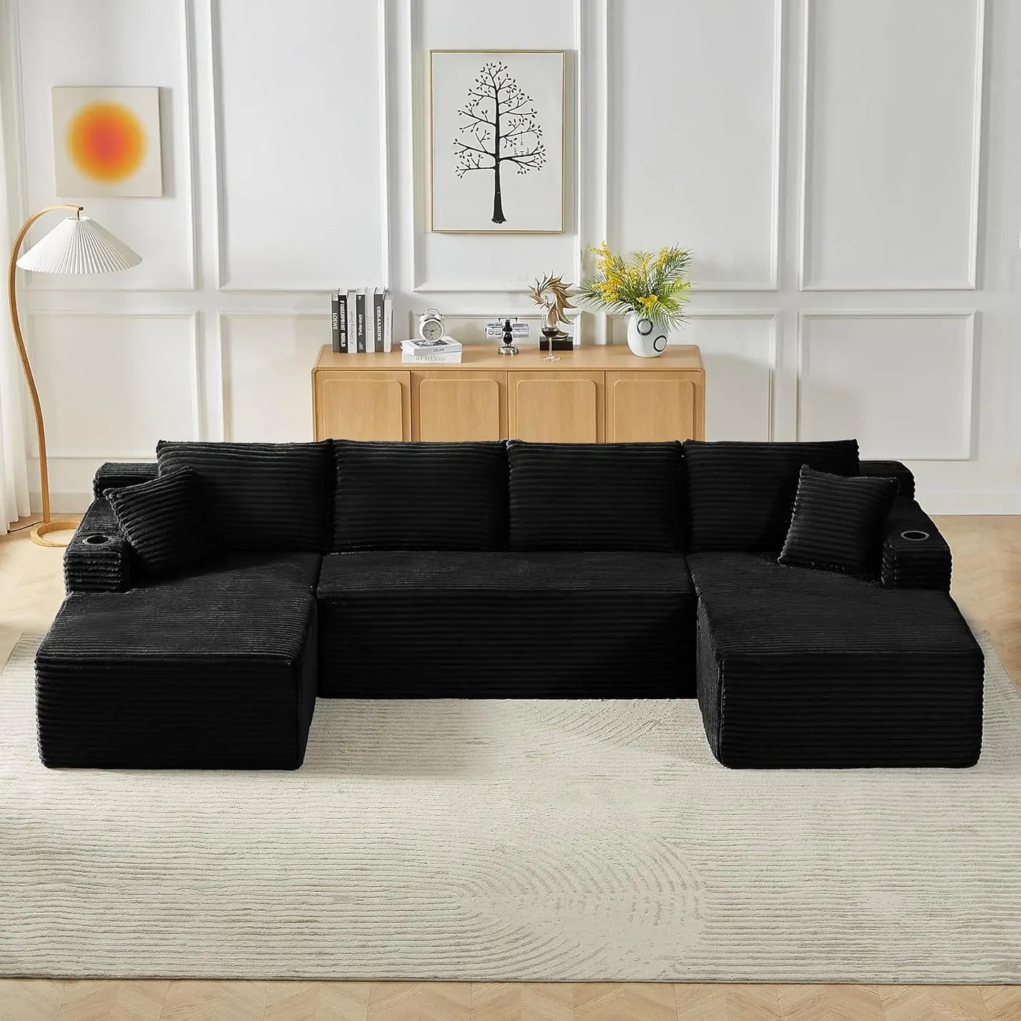 133" Oversized Modular Sectional Cloud Couch With Cup Holders, U Shaped Comfy Boneless Memory Foam Couches For Living Room, Plus