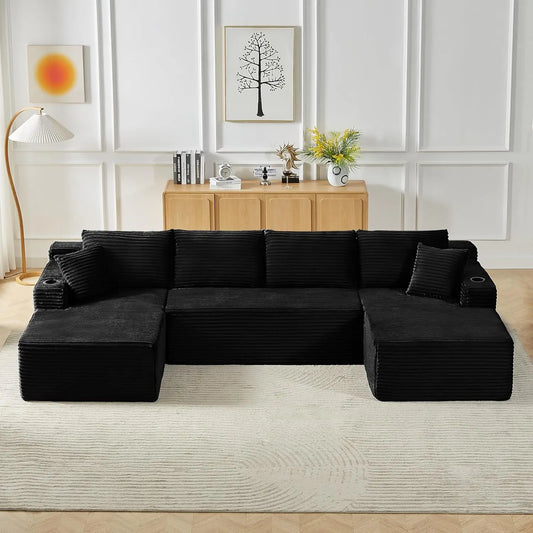 133" Oversized Modular Sectional Cloud Couch With Cup Holders, U Shaped Comfy Boneless Memory Foam Couches For Living Room, Plus