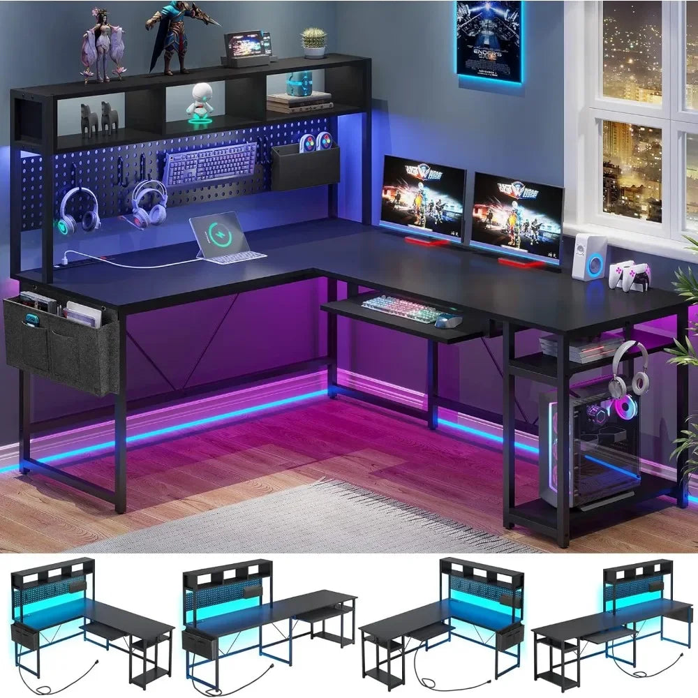 L Shaped Gaming Desk Reversible Computer Desk with Power Outlet and Pegboard Gaming Desk with Led Lights Keyboard Tray and Stora