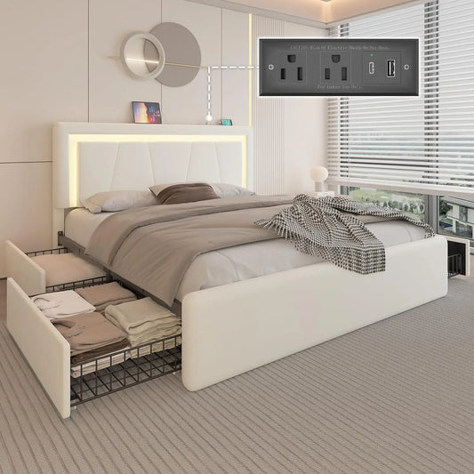 Queen Bed Frame with Storage Drawers, LED Headboard & Charging Station, Easy Assembly, White