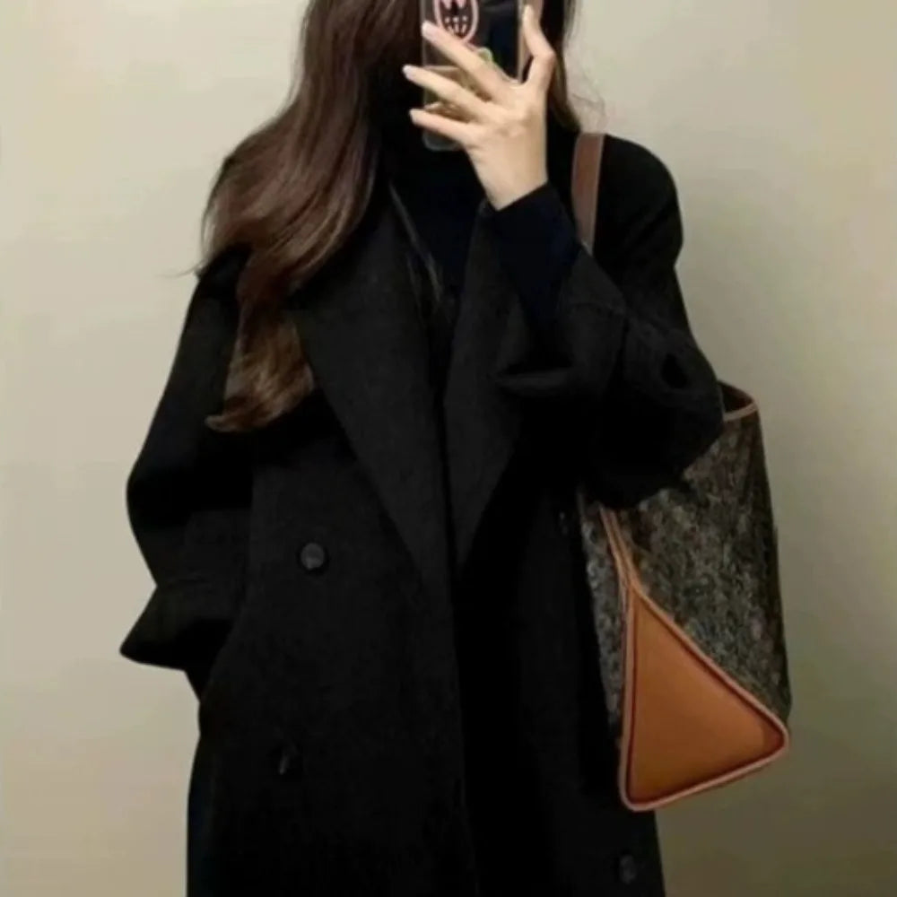 Thickened Over-Knee Mid-Length Woolen Coat Women's Autumn Winter Fashion Korean Style Women's Outerwear Polyester Fiber