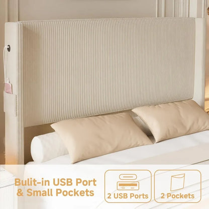 King Size Upholstered Bed Frame with USB Charging Ports - Tall Wingback Headboard & Footboard, Easy Assembly Design