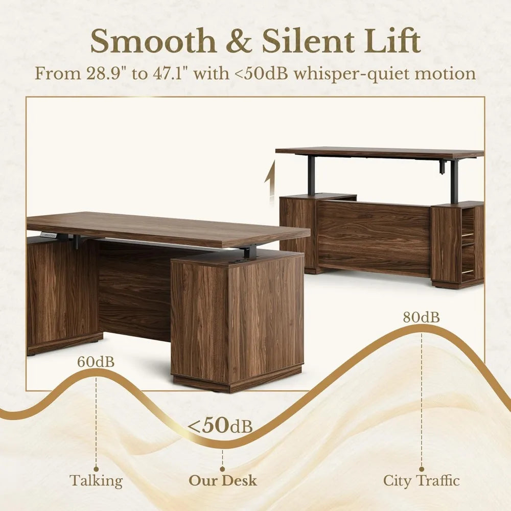 70" Electric Standing Desk with Storage & USB, Adjustable Height 29.5-43.3", Black Walnut Executive Office Desk
