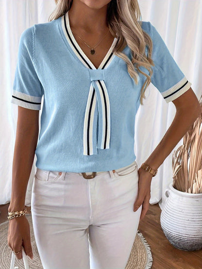 Autumn and Winter New Fashion Woman Sweater V-neck Ribbon Knitted Casual Color Block Women's Short Sleeve Top Women's Clothing