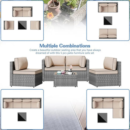 5 pieces outdoor patio furniture sets, patio sectional sofa couch, gray pe wicker furniture modular patio conversation sets pat