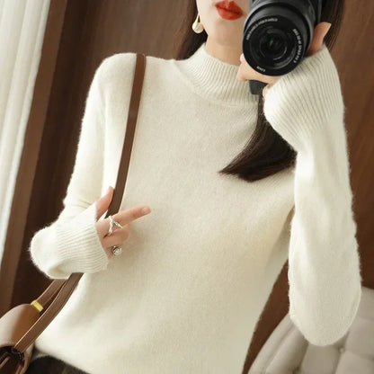Women's Knitwear Autumn Winter Sweater Korean Basic Solid Long Sleeve Pullovers Warm Bottoming Shirts Half High Collar Black Red