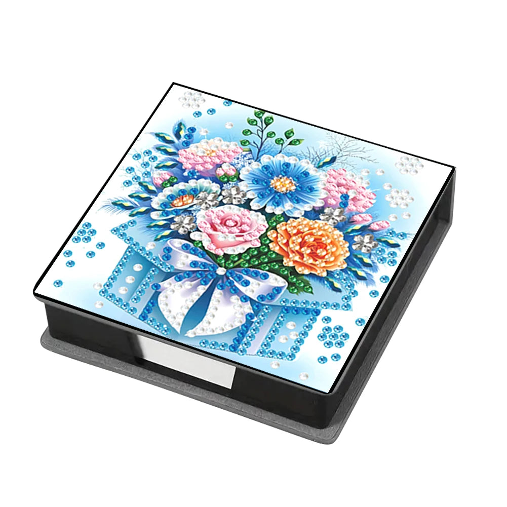 Flowers Leather Diamond Painting Notecard Box Gem Art Sticky Note Holder Gem Painting Memo Pad Holder Mosaic Kit for Home Office