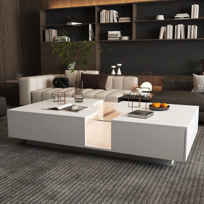 FUFU&GAGA 55.1'' Wide Modern Coffee Table With 2 Drawers & LED Lights, Coffee Table With Spacious Tabletop, For Living Room