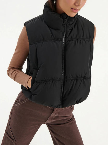 Women s Winter Quilted Waistcoat Solid Color Lightweight Zip Stand Collar Winter Vest Sleeveless Jacket