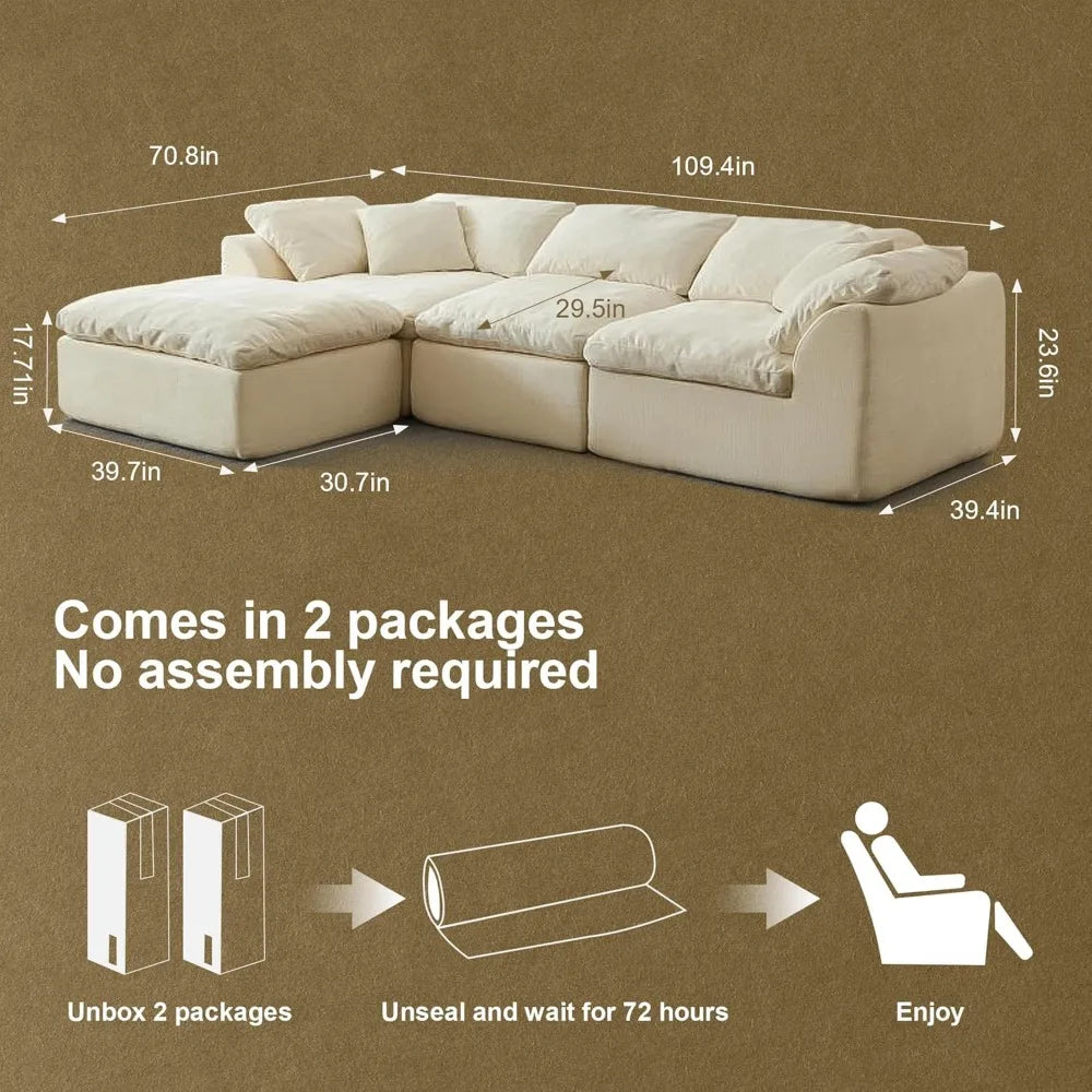 109 Modern Cloud Couches for Living Room, Deep Seat Convertible L-Shape Boneless Couch with Ottoman, Oversized Comfy 3-Seater Co