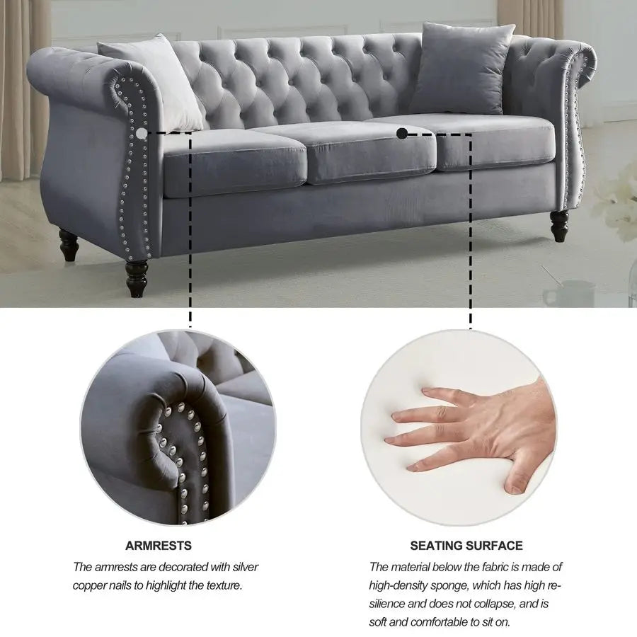 Chesterfield Sofa, Retro Style Upholstered 3 Seater Velvet Couch with Rolled Arm for Living Room Bedroom Office Apartment, Grey