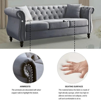 Chesterfield Sofa, Retro Style Upholstered 3 Seater Velvet Couch with Rolled Arm for Living Room Bedroom Office Apartment, Grey