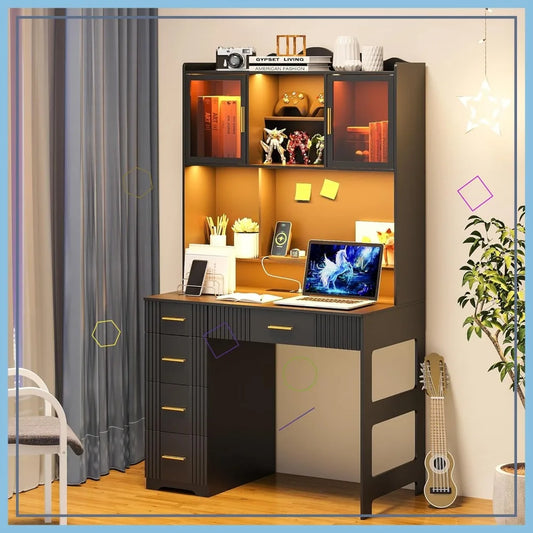 LED Study Desk with Hutch, Drawers, Outlet & Charging Station for Home Office, Bedroom or Small Space (Black)
