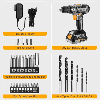 DEKO Cordless Drill 20V Electric Power Drill Set Drills Cordless with Battery and Charger Drill Driver Power Drill Cordless