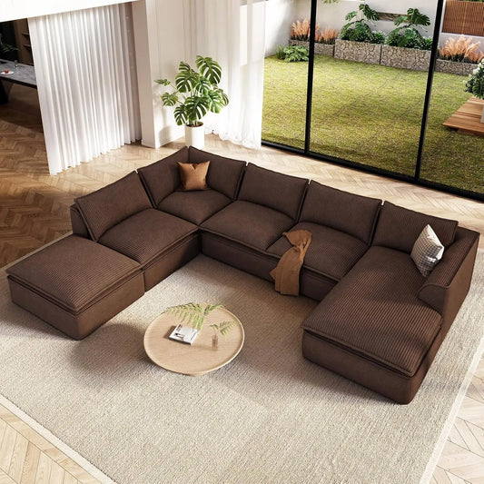 141.7" Oversized Boneless Sectional Couch, Modern 7 Seater Modular Sofa with Chaise & Ottoman, Deep Seat Corduroy, Customized
