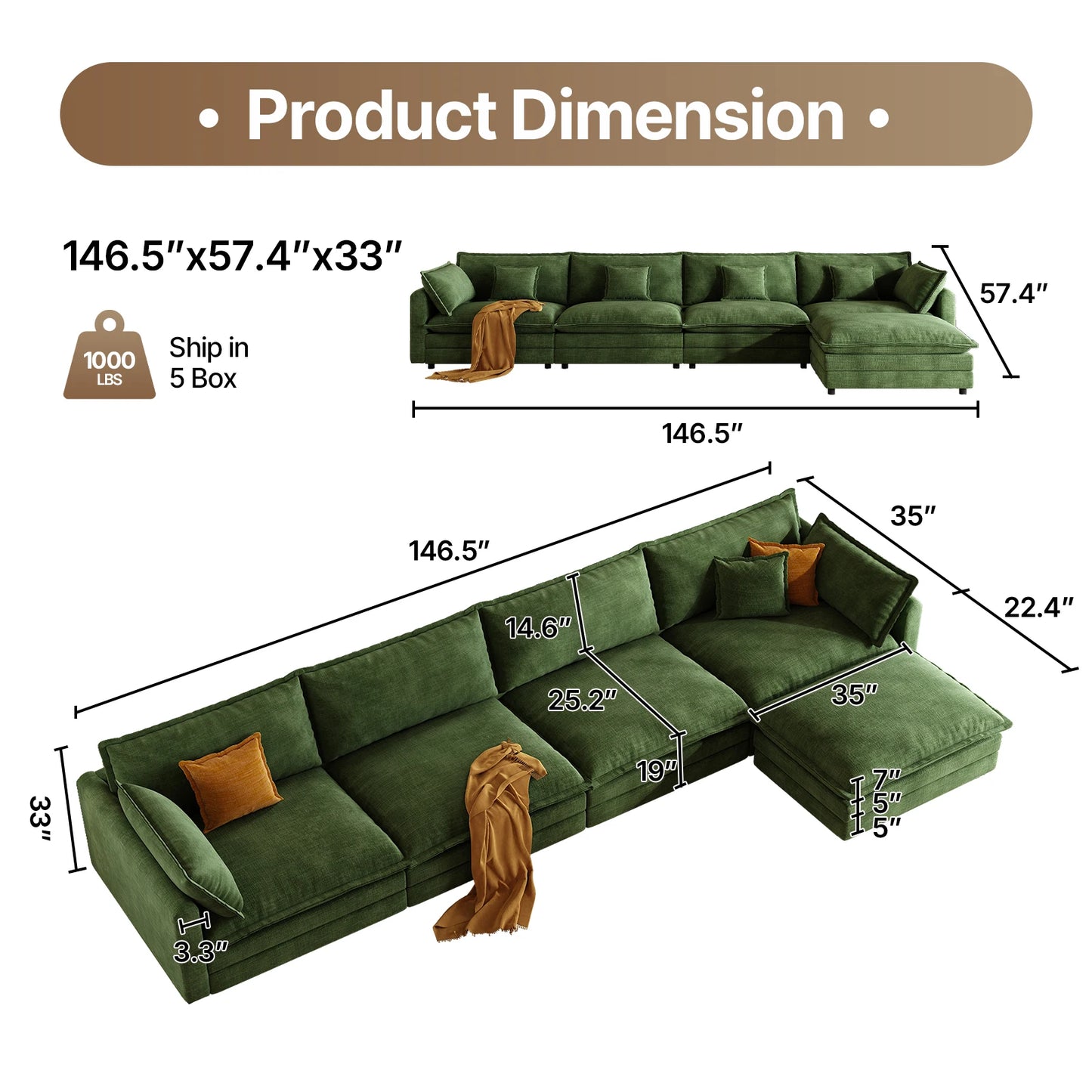 111.5" L Shaped Modern Sofa Modular Sectional Cloud Couch with Ottoman, 4-Seat Chenille Deep Seat Sofa with Pillow for Living Ro