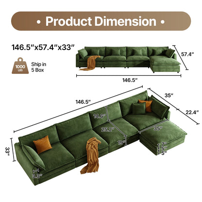 111.5" L Shaped Modern Sofa Modular Sectional Cloud Couch with Ottoman, 4-Seat Chenille Deep Seat Sofa with Pillow for Living Ro