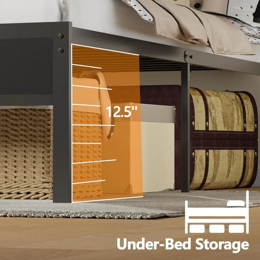 Bed Frame with LED Light and Charging Station, Wood Storage Headboard with 2-Tier Shelves, Metal Platform Bed with Heavy Duty