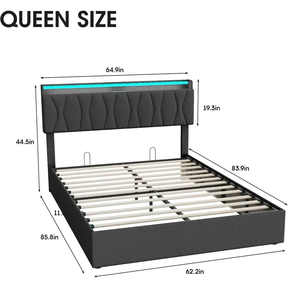 Queen Lift Up Storage Bed Frame, Height Adjustable Storage Headboard with Charging Station, LED Lights Upholstered Platform Bed