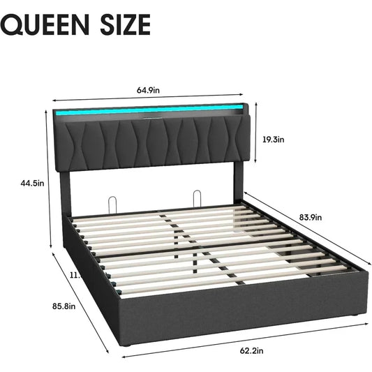 Queen Lift Up Storage Bed Frame, Height Adjustable Storage Headboard with Charging Station, LED Lights Upholstered Platform Bed