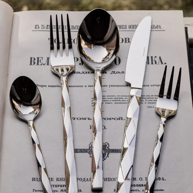 Stainless Steel Vintage Diamond Diamond Check Tableware Main Dish Spoon Spaghetti Fork Fruit Fork Spoon Western Tableware Set