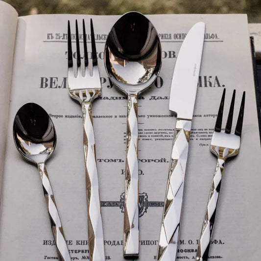 Stainless Steel Vintage Diamond Diamond Check Tableware Main Dish Spoon Spaghetti Fork Fruit Fork Spoon Western Tableware Set
