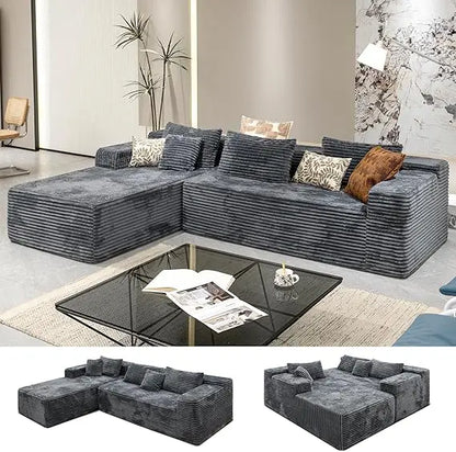 Grey sectional couches for Living Room-Corduroy Couch，104 Cloud Sectional Couch with L-Shape Chaise， Modern Modular Sofa, Deep S