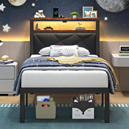 Twin Bed Frame with LED Headboard, USB Charging, Storage Shelves & Underbed Space, Dark Gray