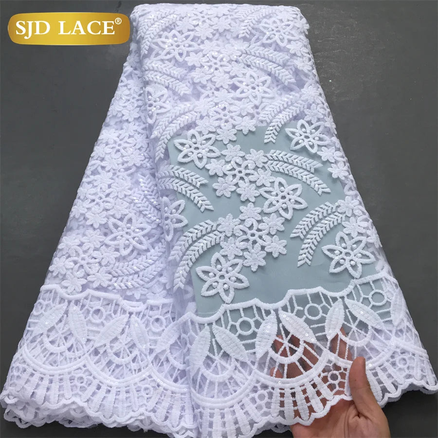 SJD LACE African Milk Silk Lace Fabric 2025 High Quality Nigerian White Mesh Embroidery Lace for Sewing Women Wedding Dress 4043